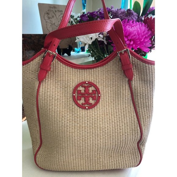 Tory Burch Handbags - TORY BURCH Basket Woven Slouchy Tote Poppy Coral Leather Tote